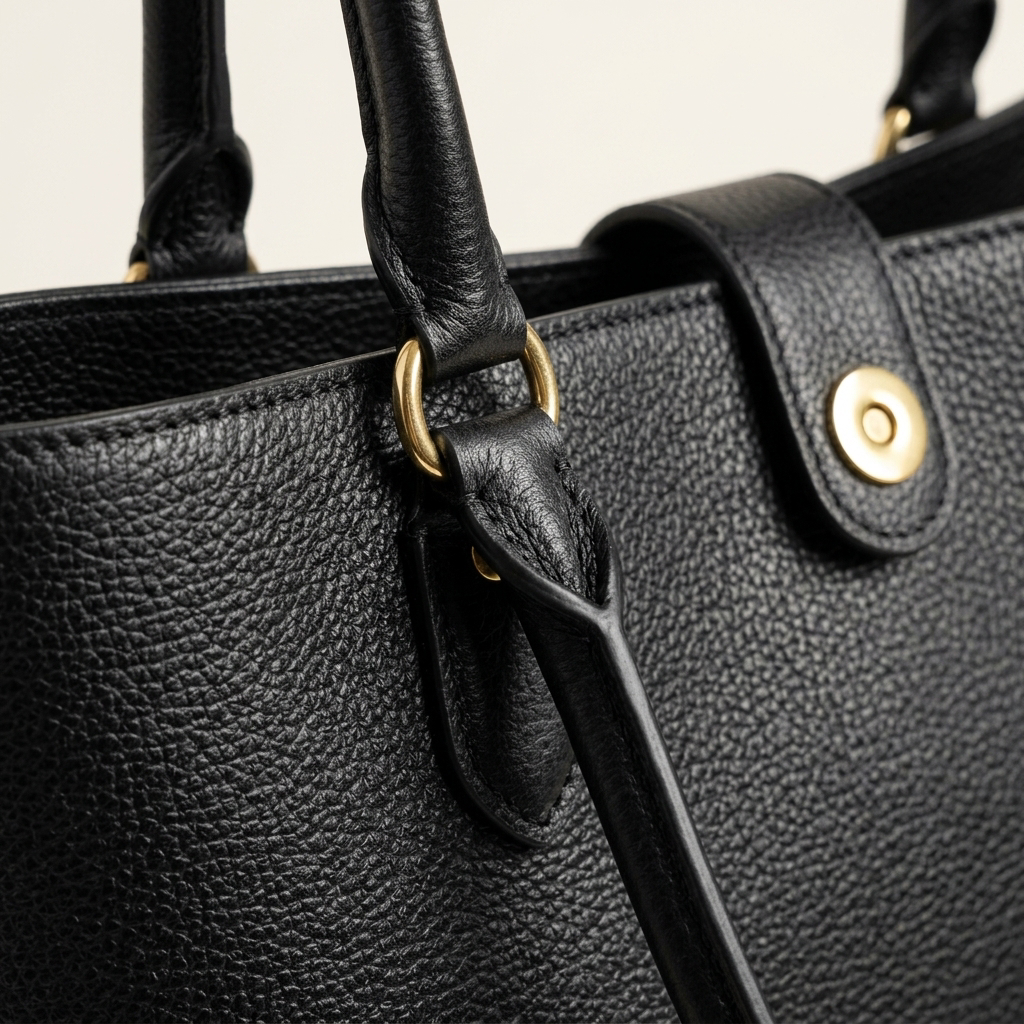 Close-up of rolled handle attachment, gold snap tab and pebble grain on the Vance tote
