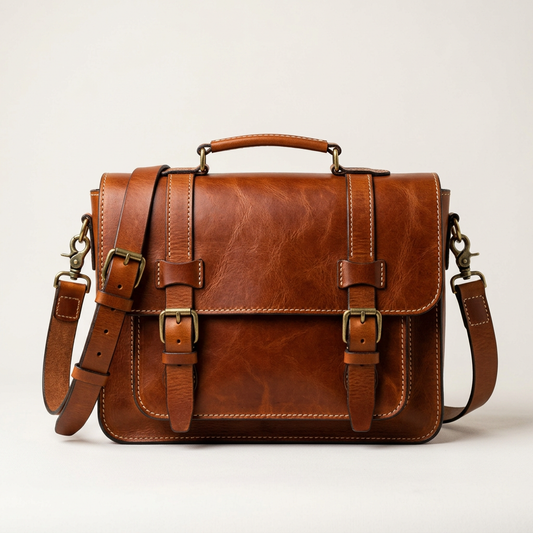 Marrow & Hide Harlan cognac full-grain leather messenger bag, front view