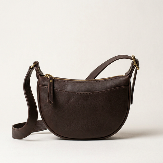 Marrow & Hide Aldon espresso leather crossbody sling, front view