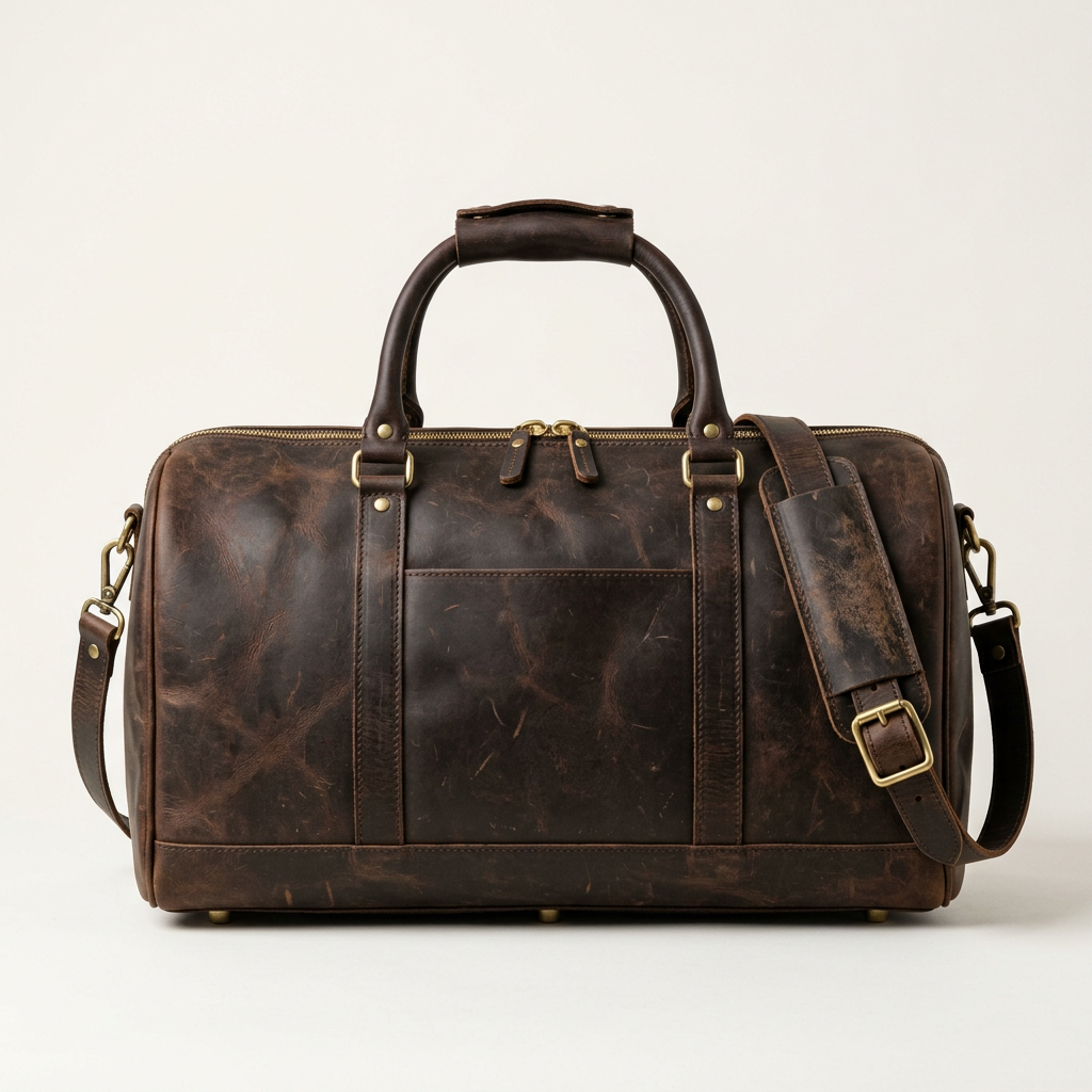 Marrow & Hide Bramwell distressed leather weekender duffle, front view