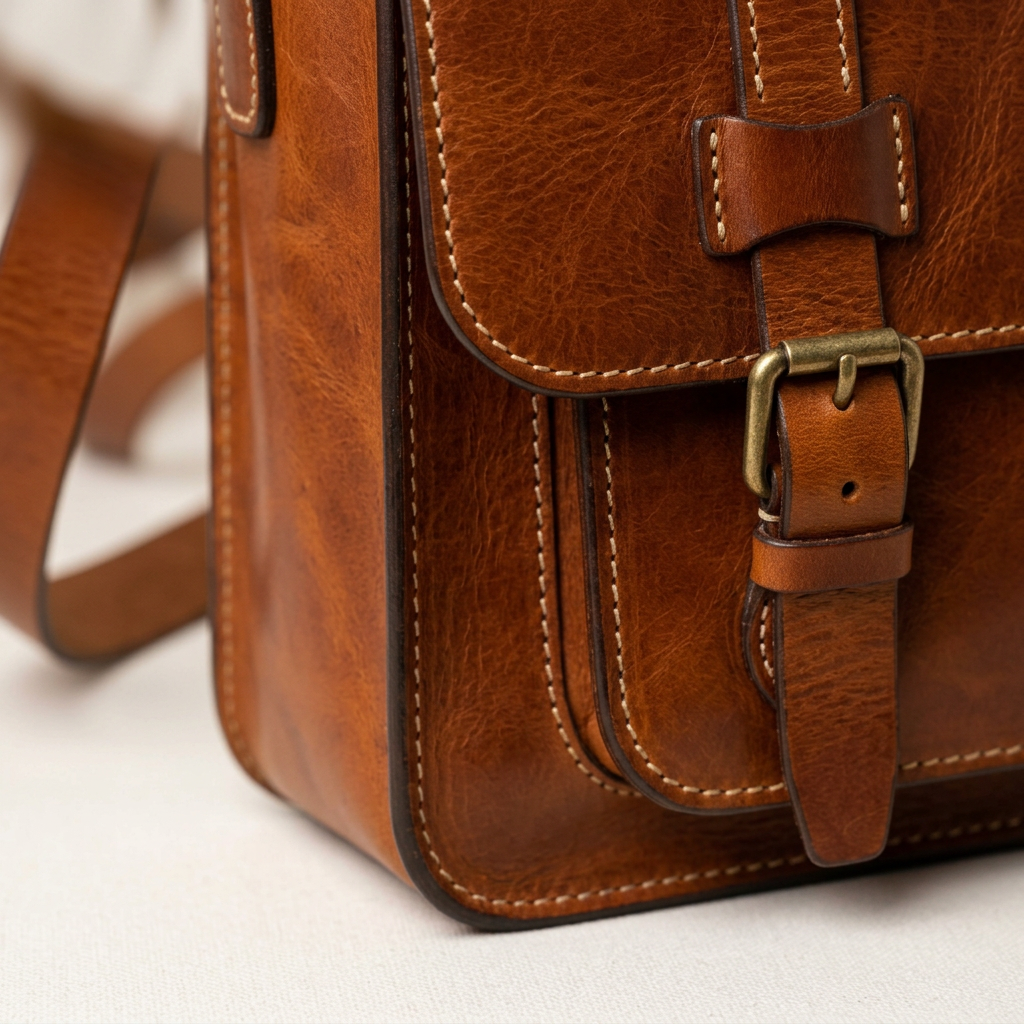 Close-up of antique brass buckle, saddle stitching and burnished edge on the Harlan messenger bag