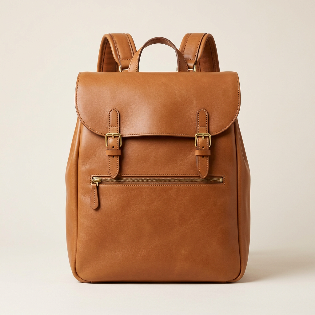 Marrow & Hide Kestrel tan smooth leather backpack, front view