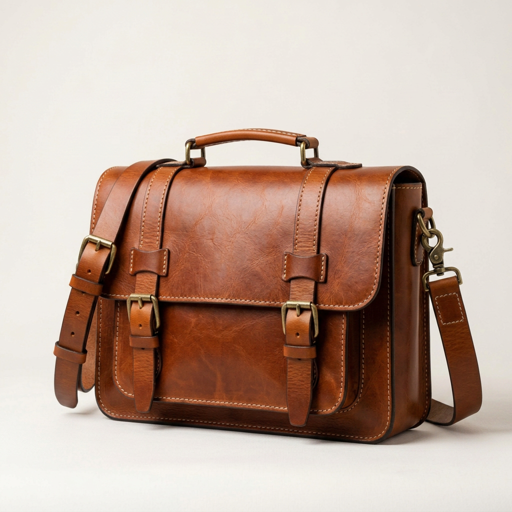Harlan leather messenger bag, three-quarter angle showing side depth and brass buckles