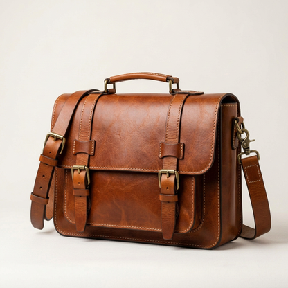 Harlan leather messenger bag, three-quarter angle showing side depth and brass buckles
