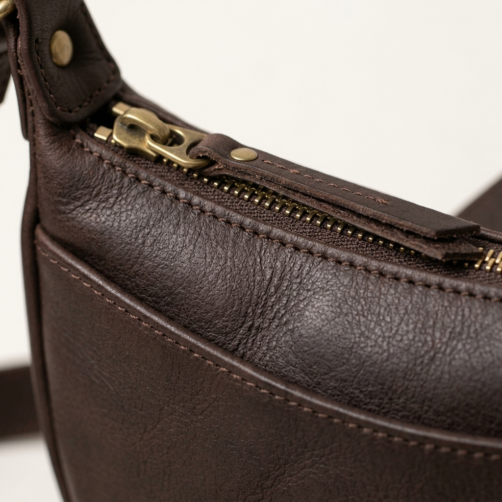 Close-up of brass zip track and leather pull tab on the Aldon crossbody sling