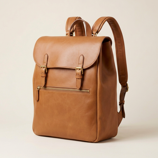 Kestrel leather backpack, three-quarter angle showing padded shoulder straps