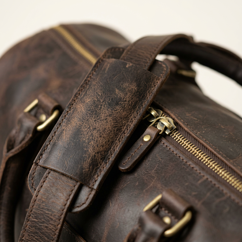 Close-up of brass zip pull and leather handle wrap on the Bramwell duffle