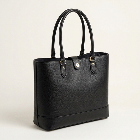 Vance leather tote, three-quarter angle showing depth and open top