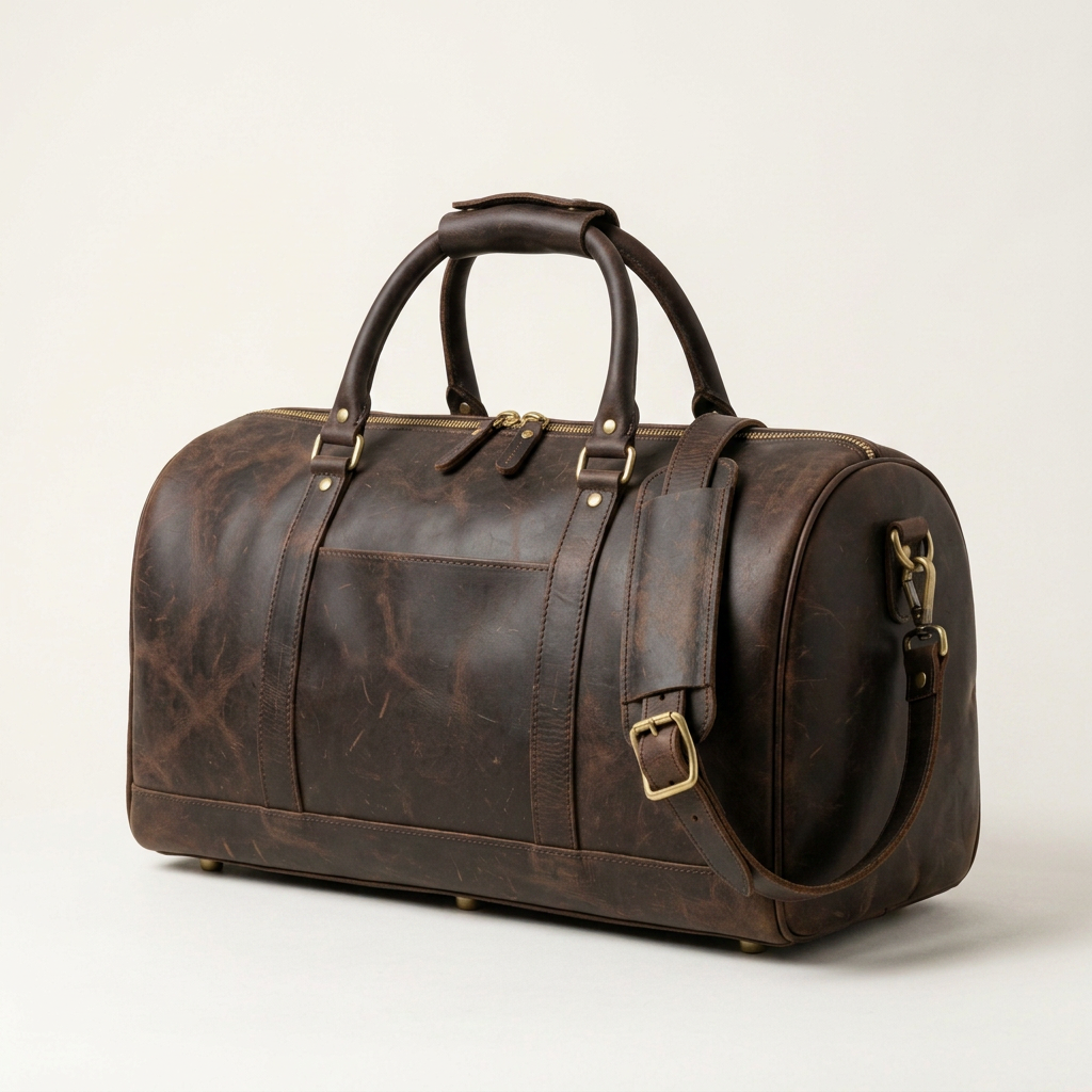 Bramwell leather duffle, three-quarter angle showing end panel and side pocket