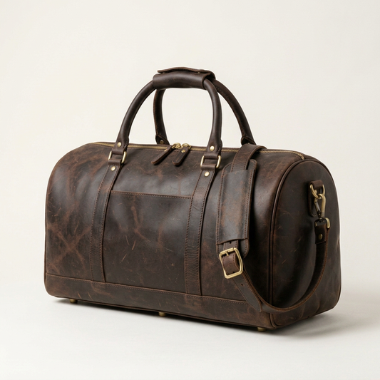 Bramwell leather duffle, three-quarter angle showing end panel and side pocket