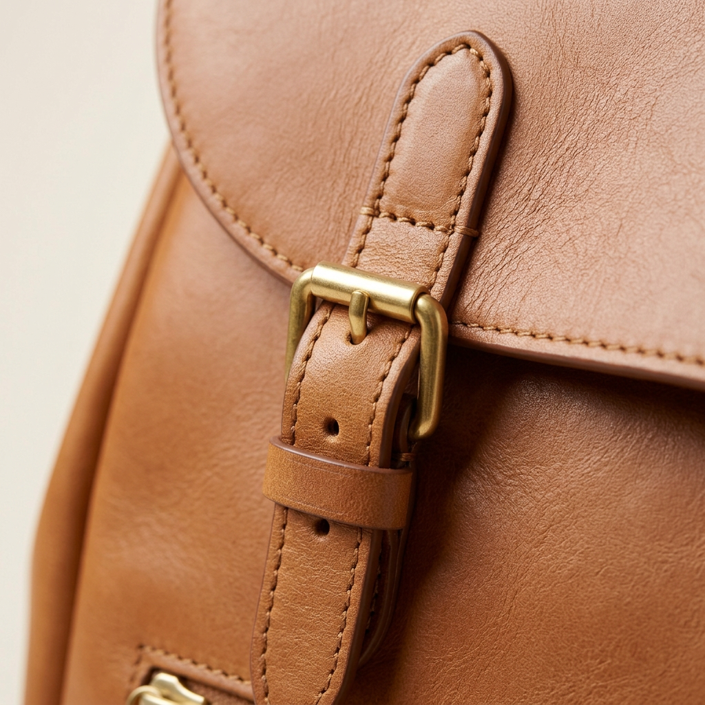 Close-up of brass buckle strap and stitching on the Kestrel leather backpack