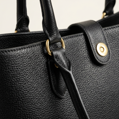 Close-up of rolled handle attachment, gold snap tab and pebble grain on the Vance tote