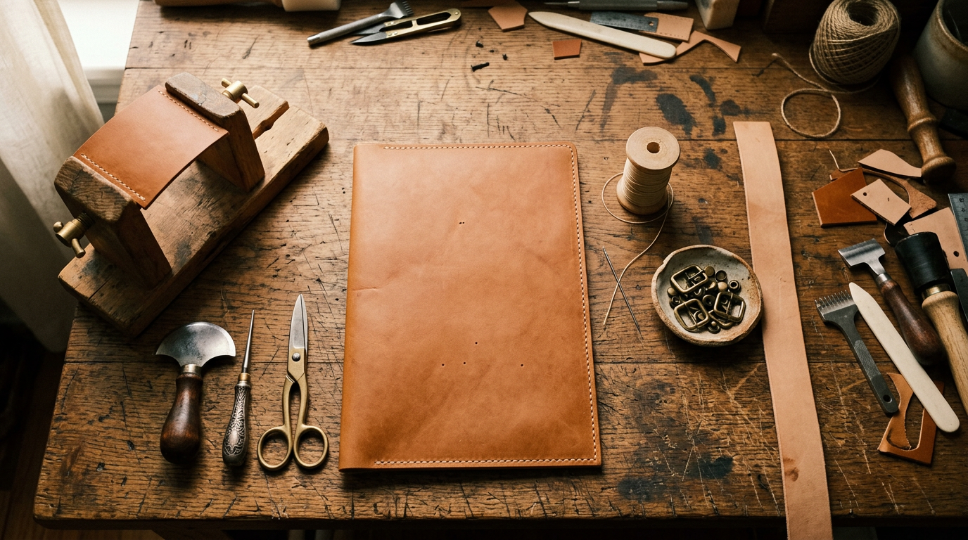 Leather craftsman tools and vegetable-tanned hide on a workbench