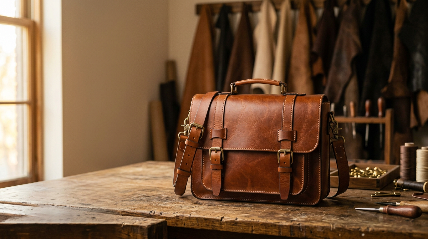 Marrow & Hide leather messenger bag on an artisan workbench